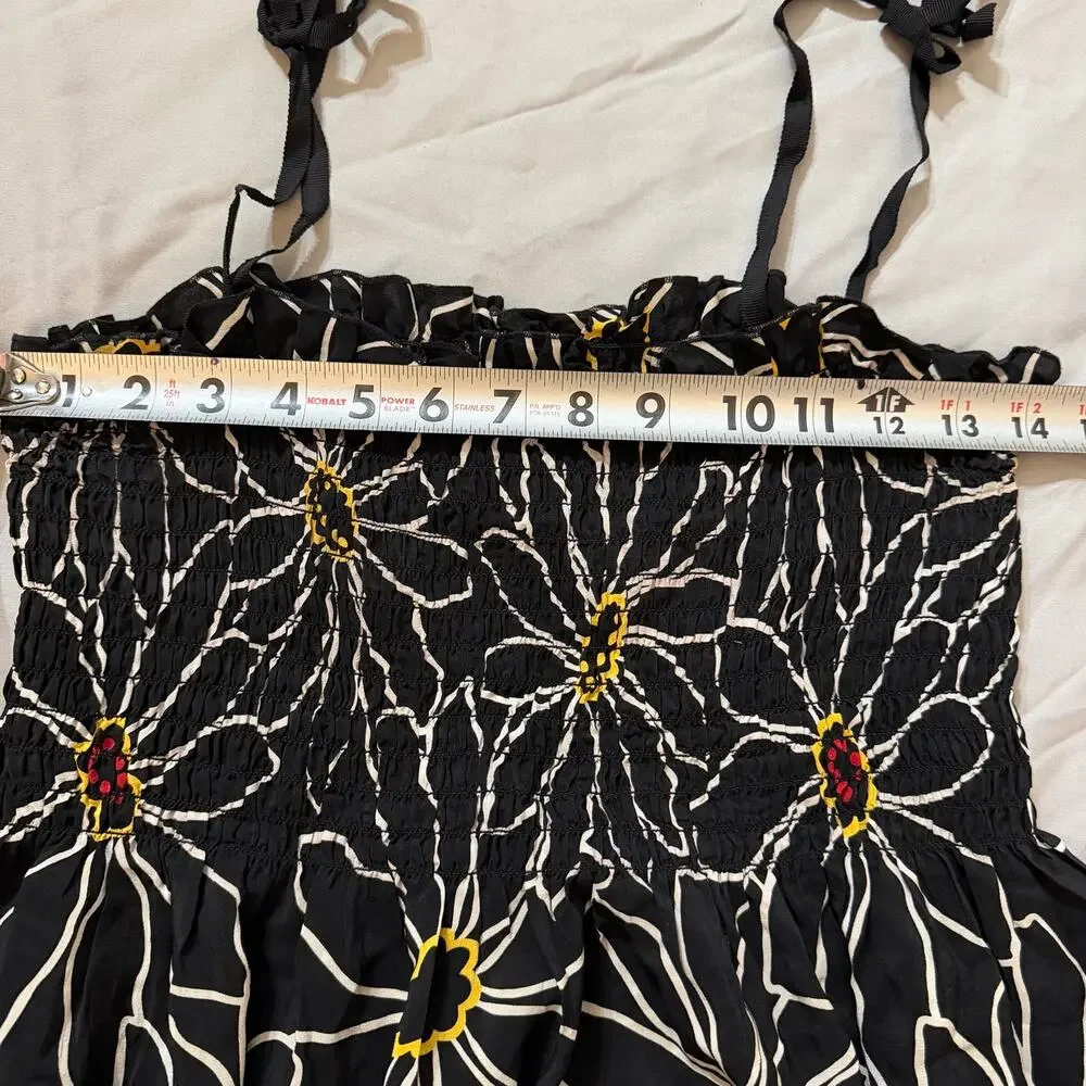 Anna Sui Anthropologie Silk Tie Straps Floral Dress Small S Black Smocked - Picture 9 of 13